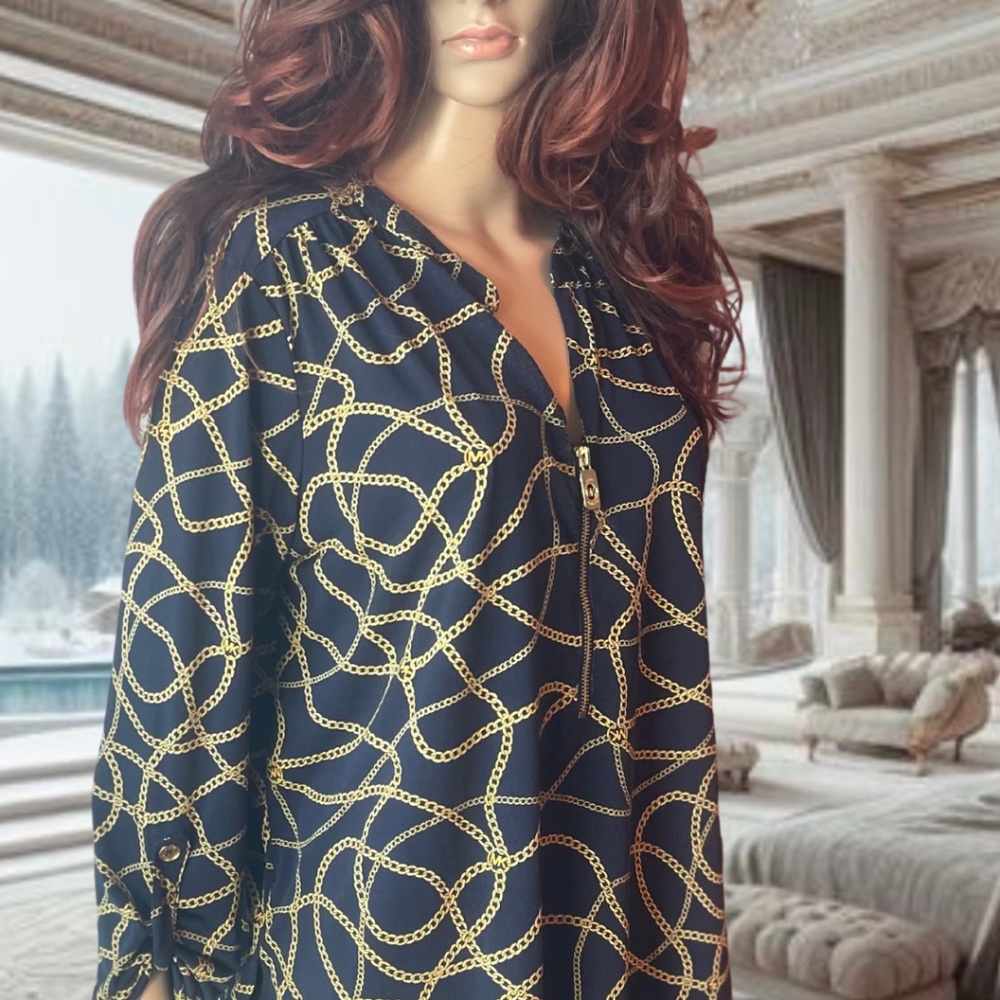 Michael Kors Designer Navy/Gold Chain Women,s Blouse Top shirt XL Zipper front